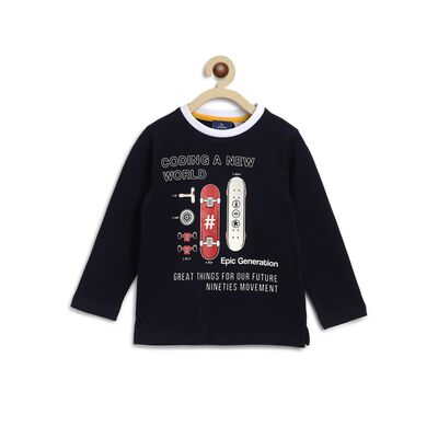 Boys Black Printed Round Neck T-Shirt